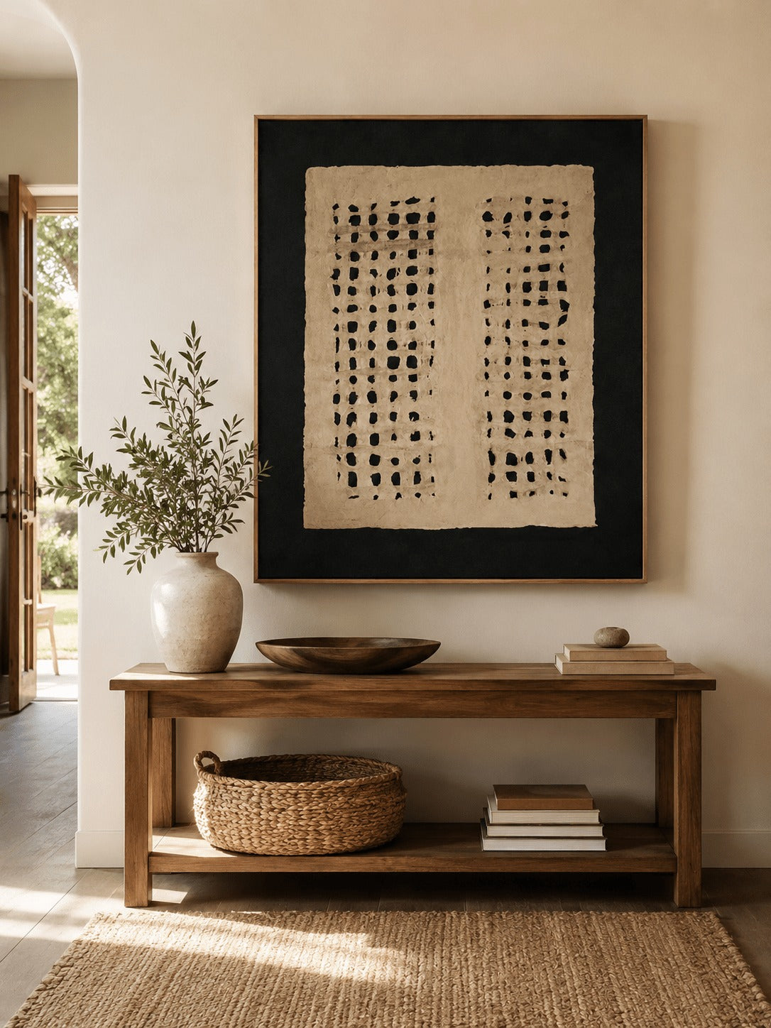 Two columns of black dots on beige within a black border above a wooden console