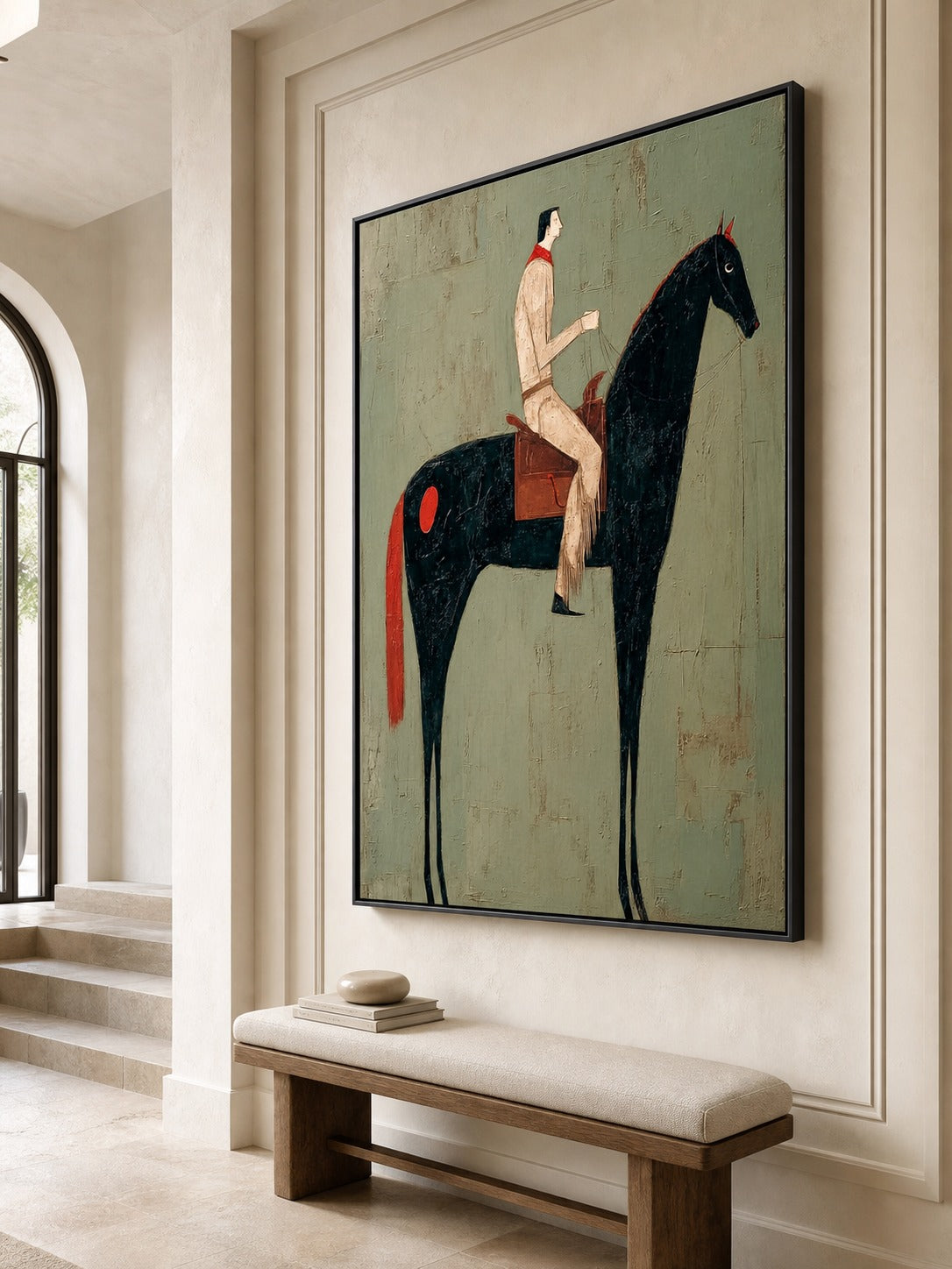 Black horse and rider in black, sage green, red, beige — equestrian wall art