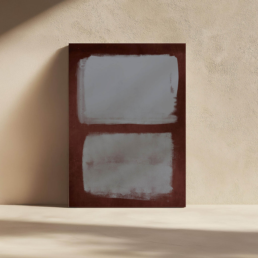 Two blue gray fields within a burgundy border on a sunlit wall