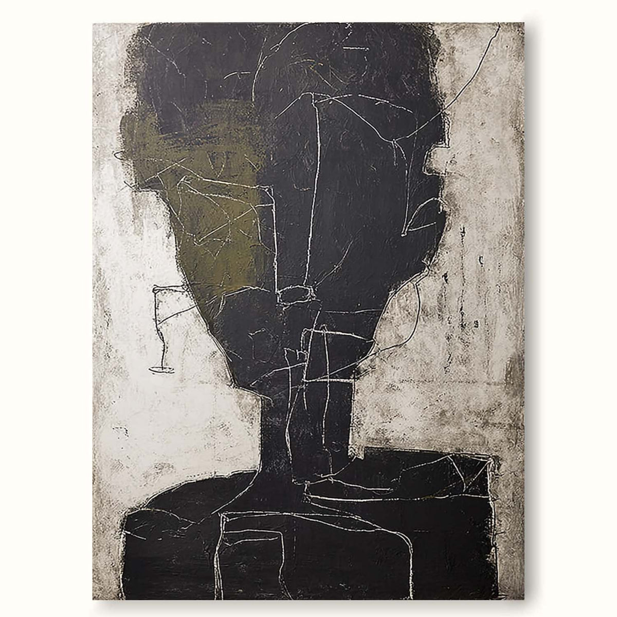 An abstract charcoal face outline with an olive accent in a full artwork view