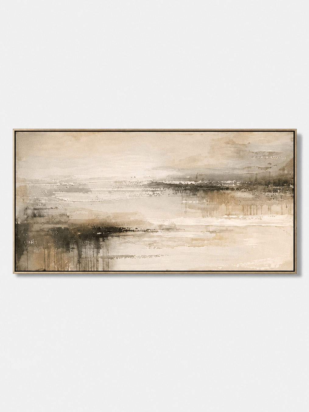 Wide beige landscape with charcoal shoreline forms and pale horizontal layers