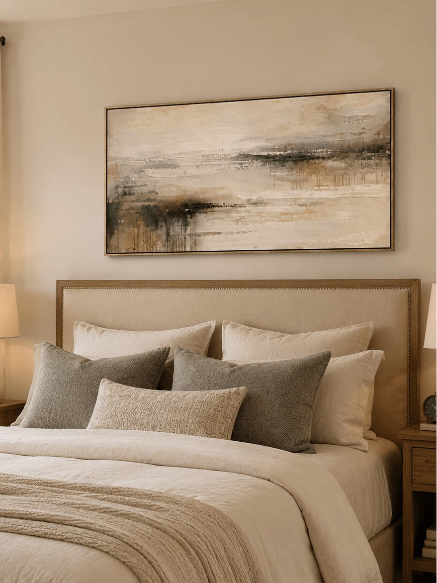 Charcoal and beige horizon painting above a bed