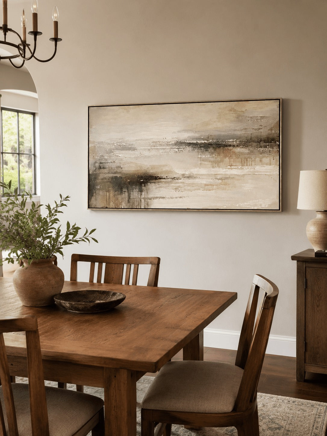 Wide neutral landscape in a dining room