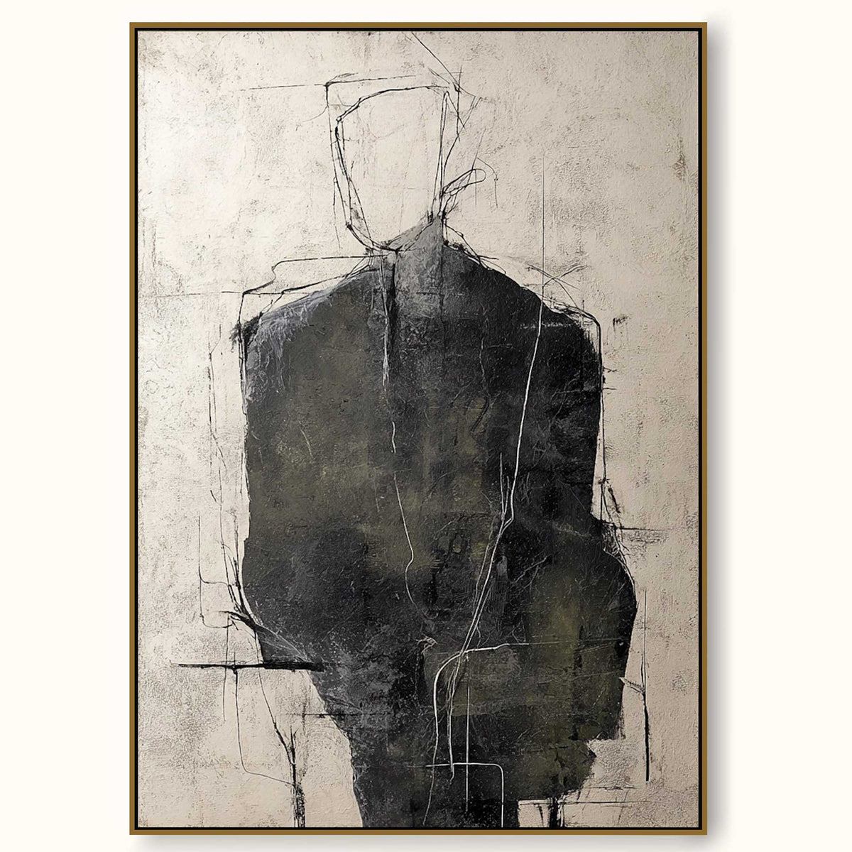 A charcoal figure with a fine outlined head on beige in a full artwork view