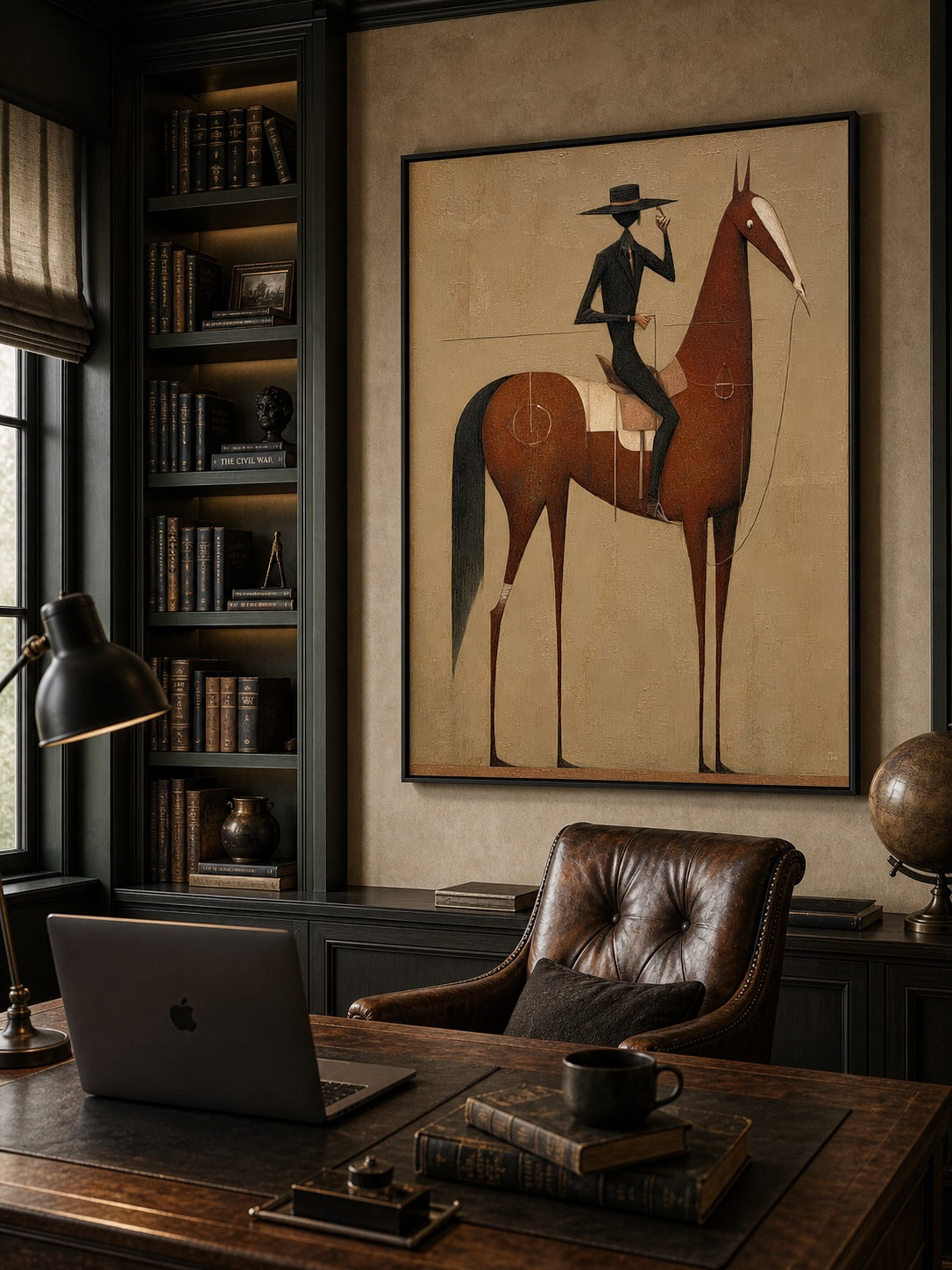 Dark-clad rider on a chestnut horse in chestnut, tan, black, cream — equestrian wall art