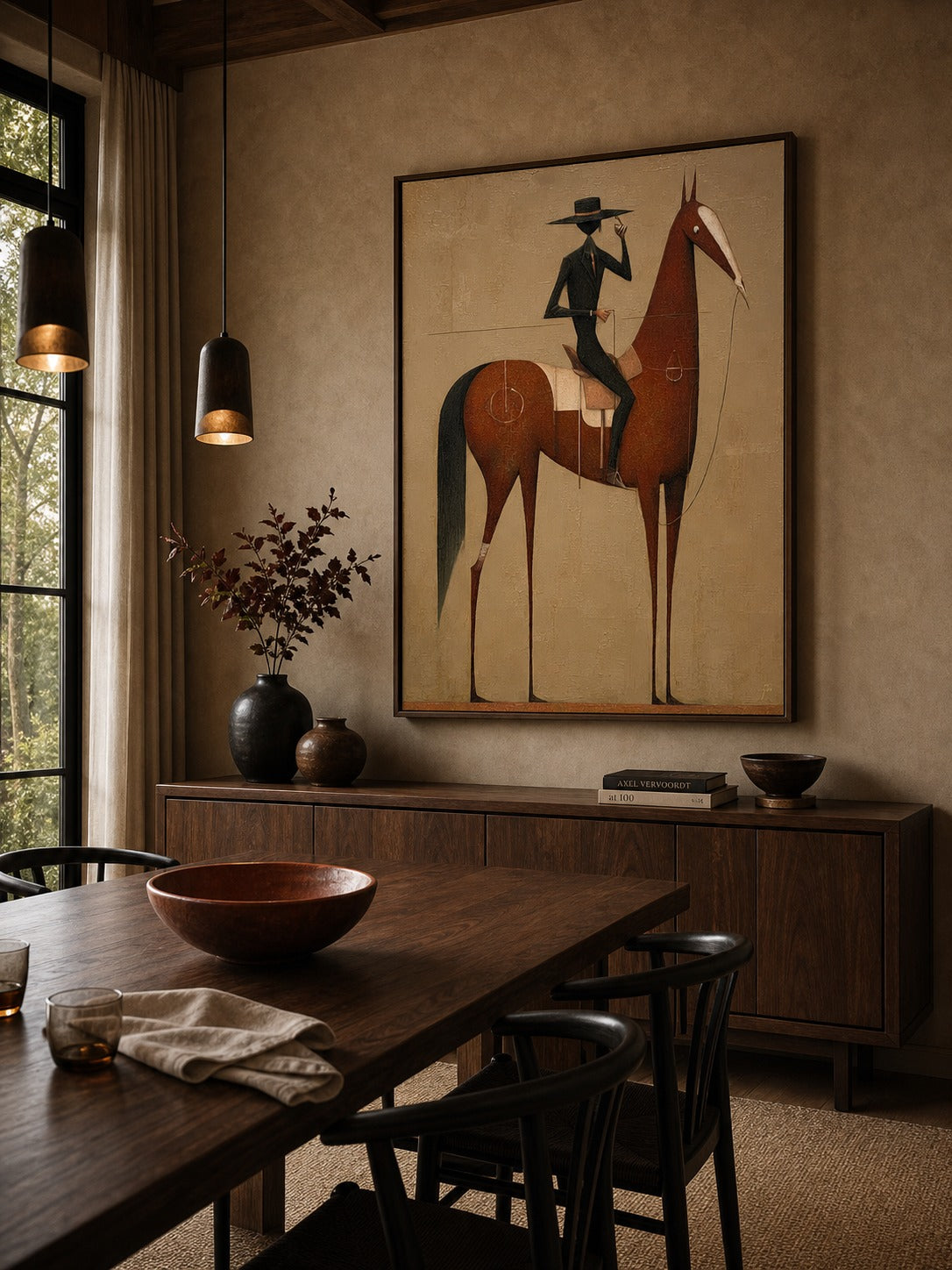 Dark-clad rider on a chestnut horse in chestnut, tan, black, cream — equestrian wall art