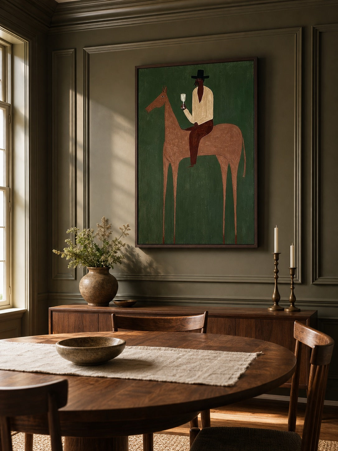 Horseback rider raising a glass in deep green, chestnut, cream, black — equestrian wall art