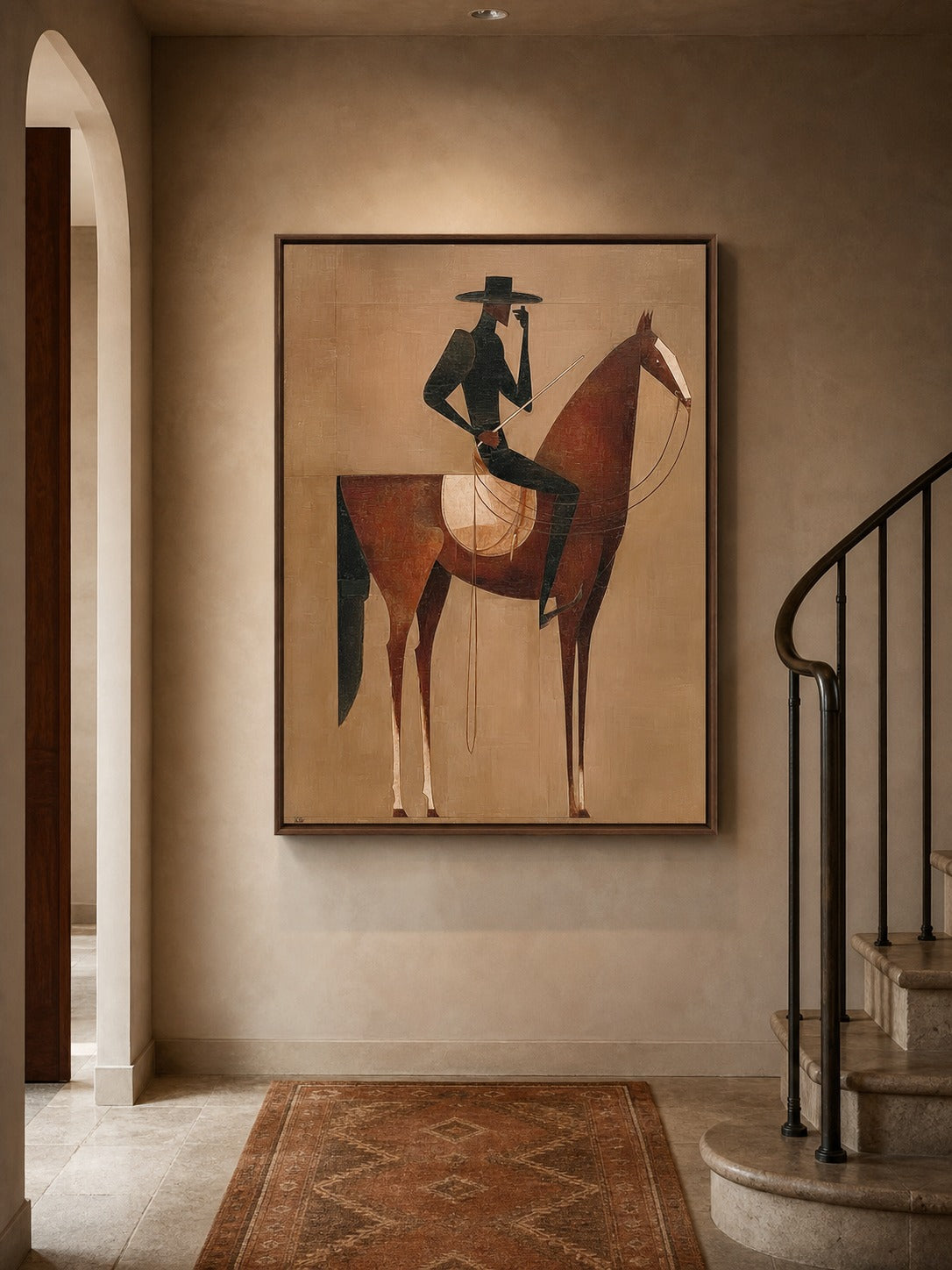 Cowboy on a chestnut horse in tan, chestnut, black, cream — equestrian wall art