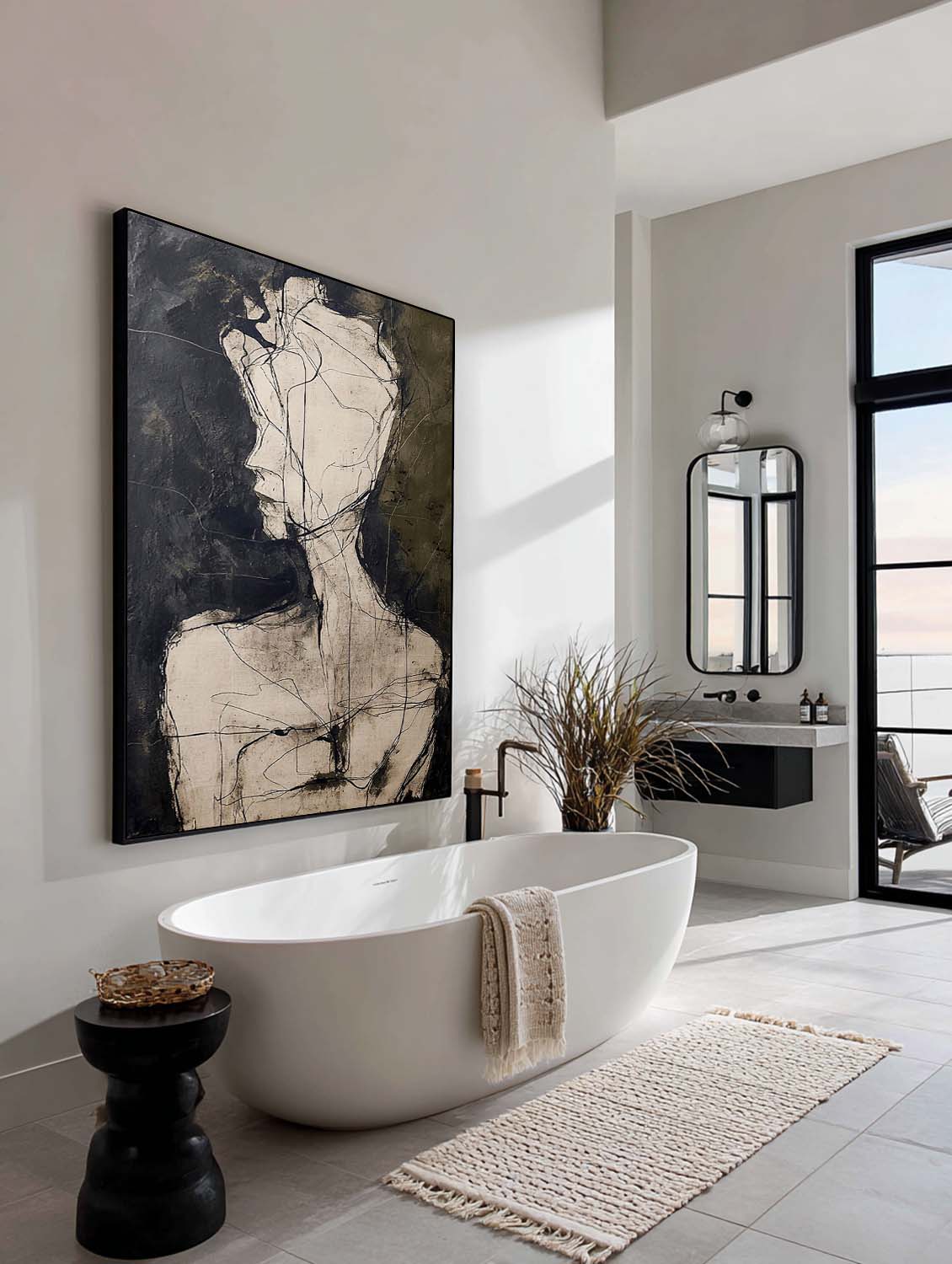 A pale abstract head and shoulders on charcoal above a bathtub