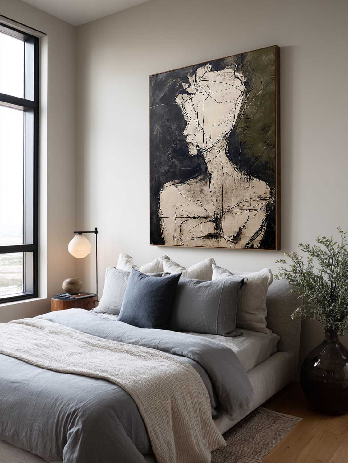 A pale abstract head and shoulders on charcoal above a bed