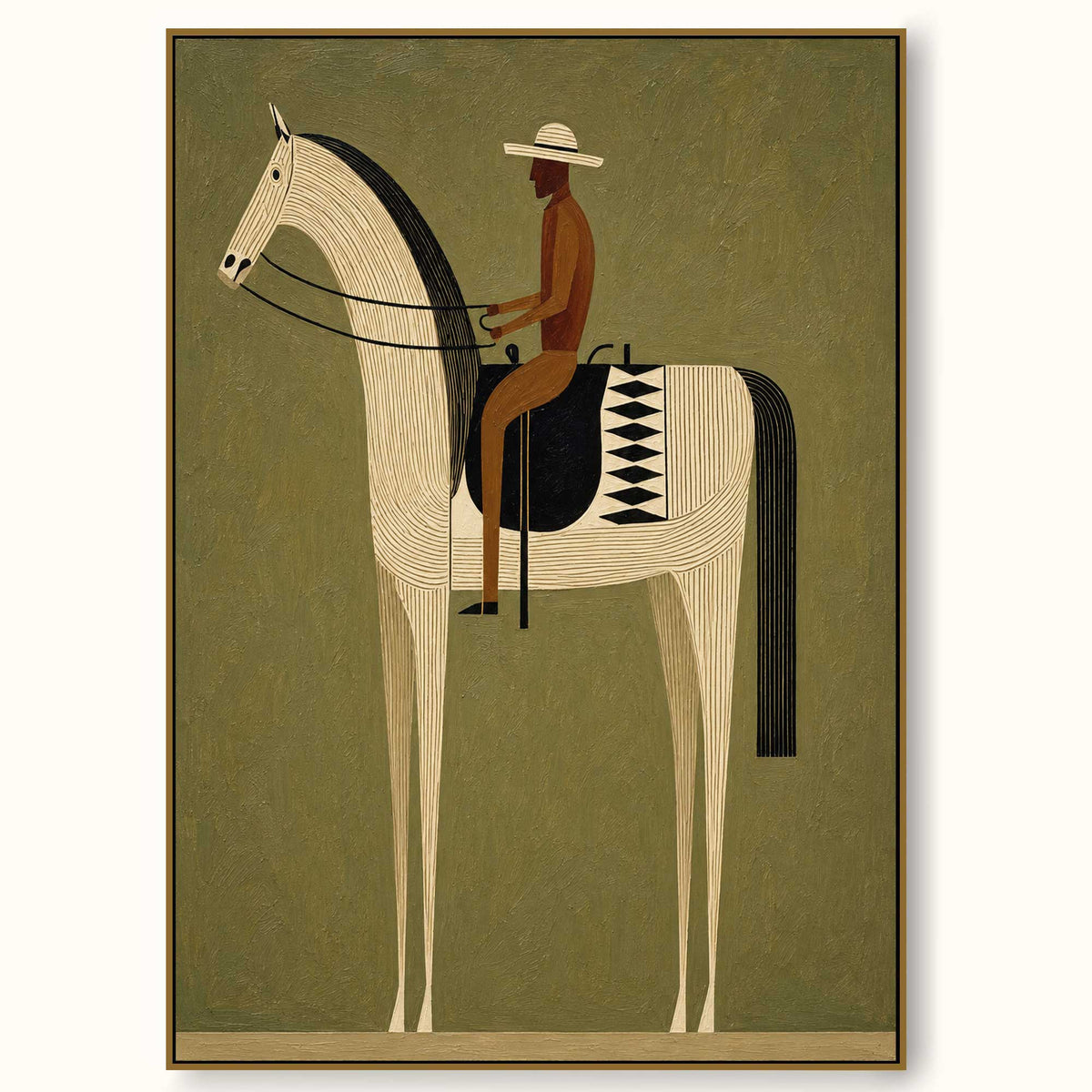 Cream horse and brown-clad rider with a patterned saddle on an olive ground
