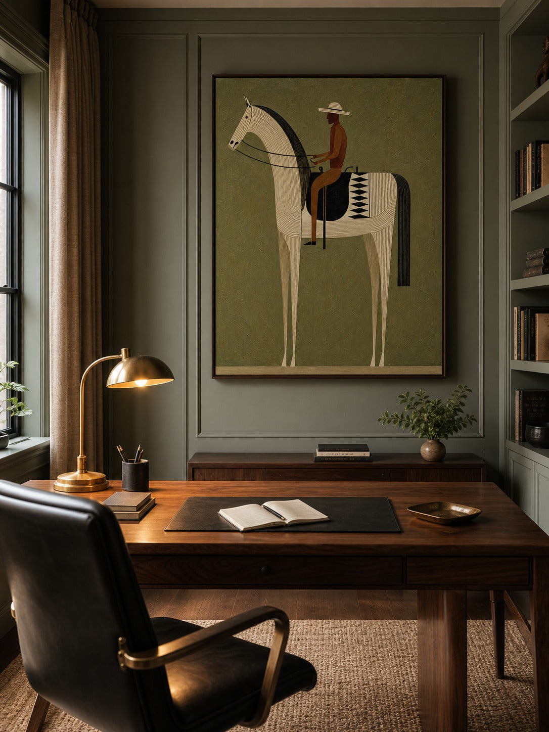 Horse and rider wall art above a desk