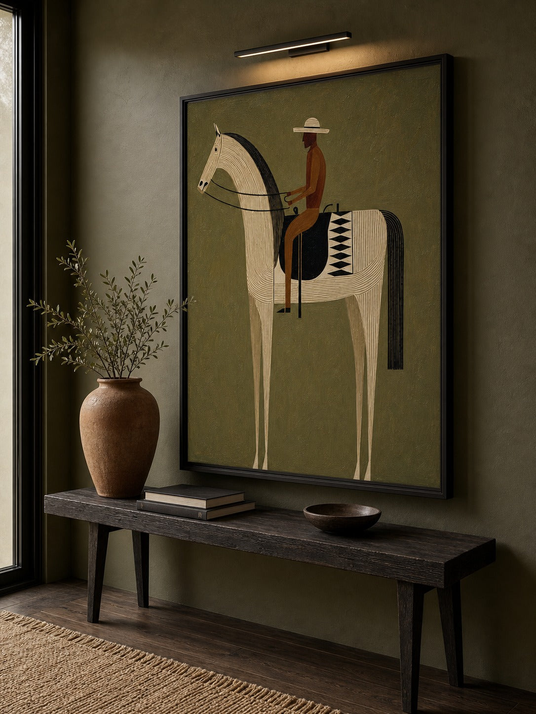 Cream horse canvas above a dark bench