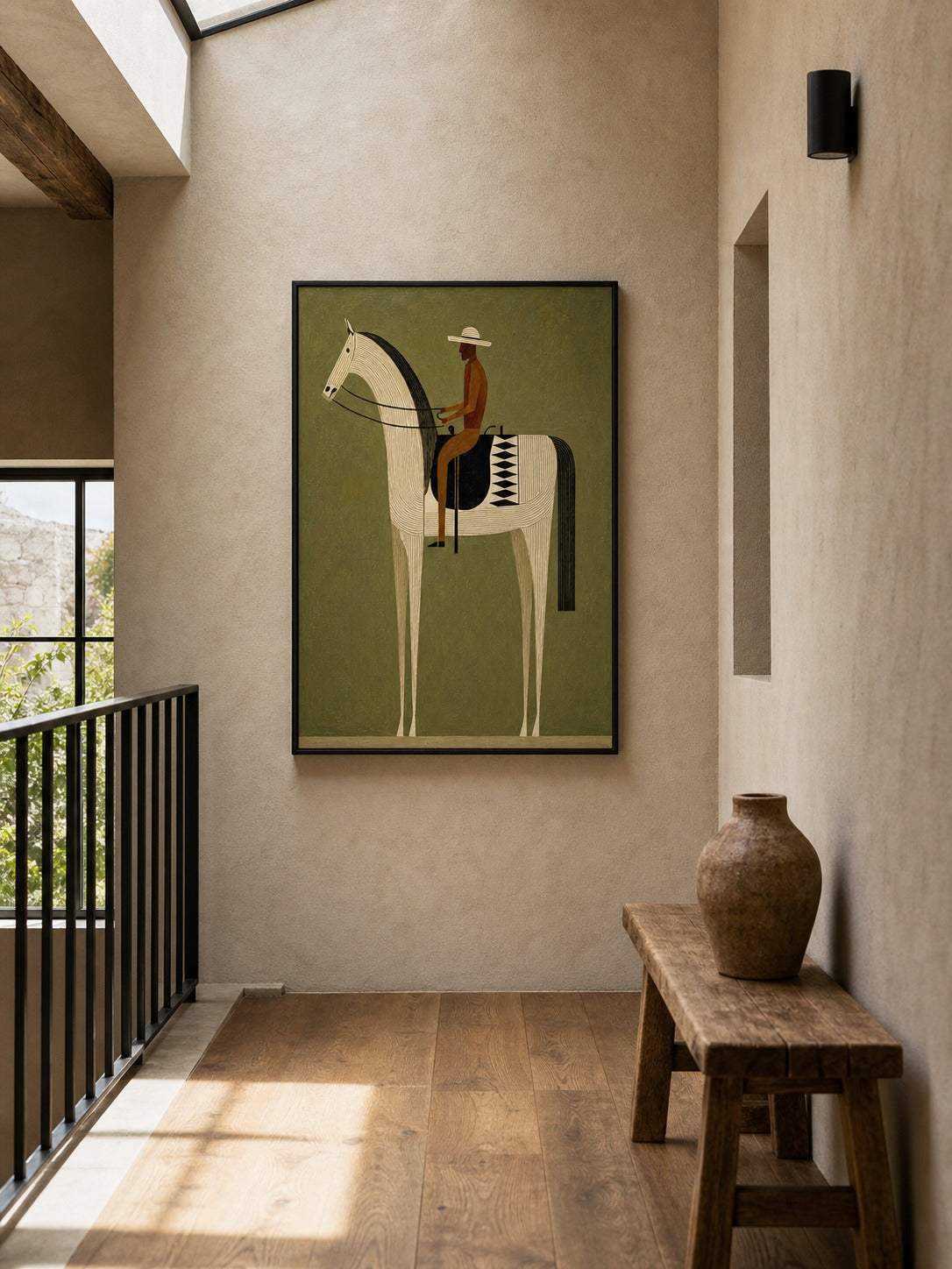 Stylized equestrian painting in a bright hallway