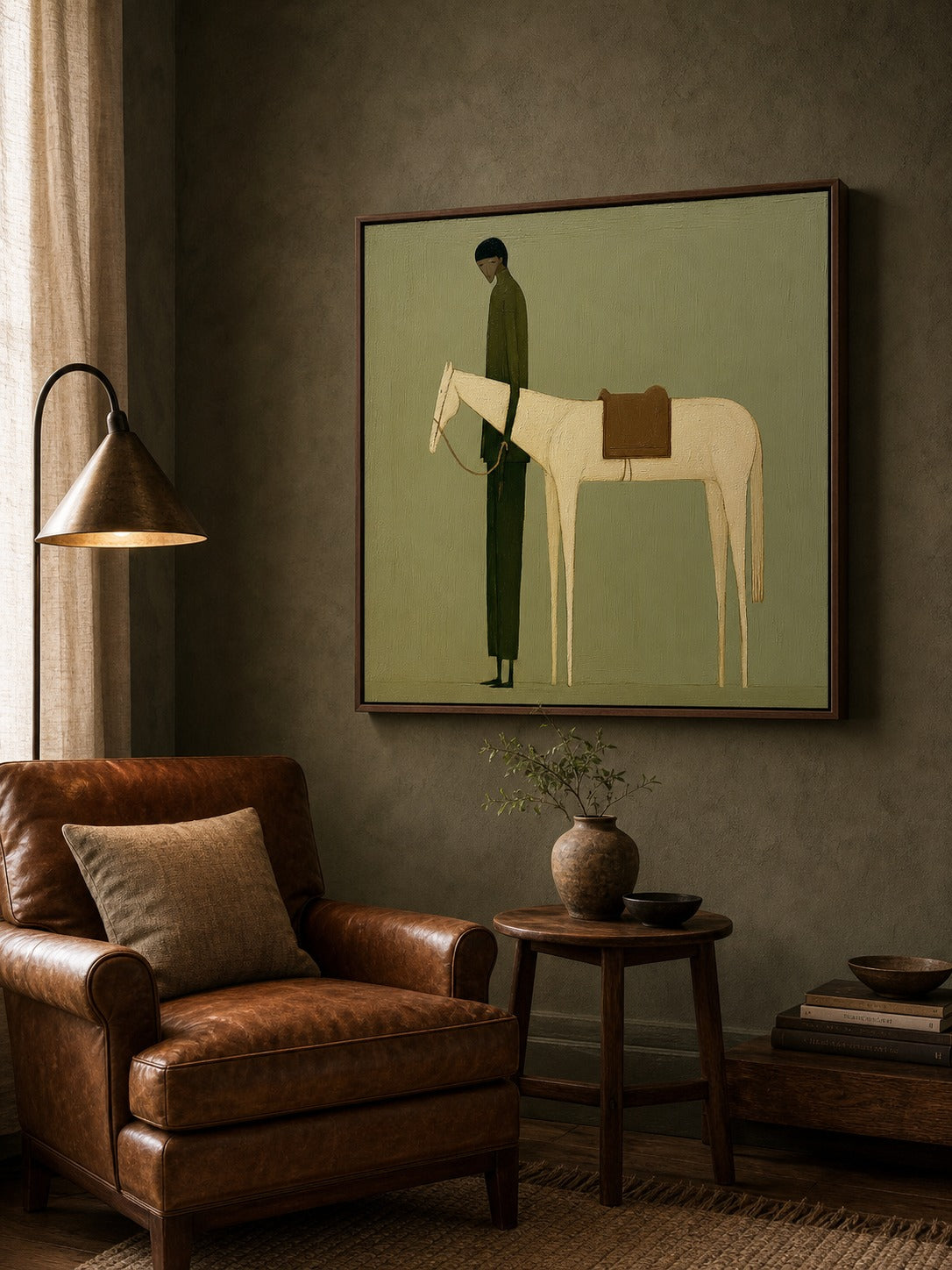 Cream Horse and Standing Figure on Green Oil Painting, above a brown leather chair