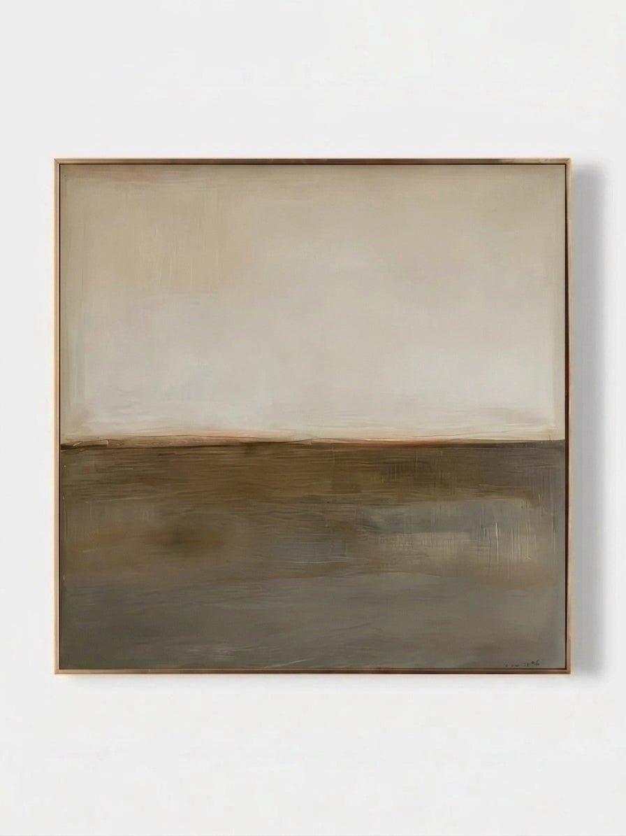 Square earth-tone abstract painting with a low brown-gray horizon