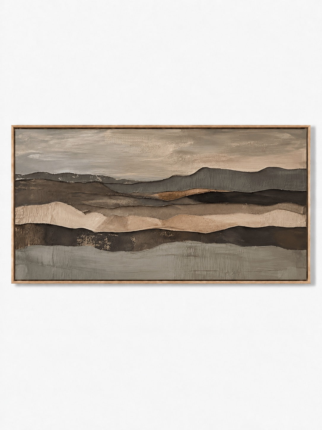 Layered earth tone ridges across a neutral horizon in a full artwork view