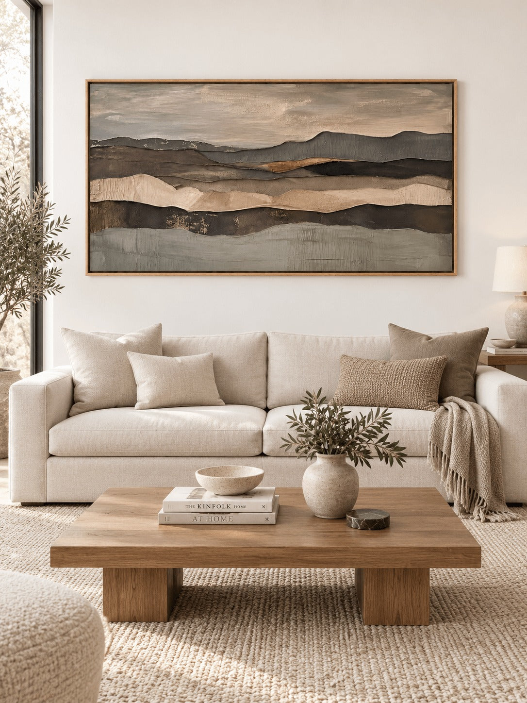 Layered earth tone ridges across a neutral horizon above a cream sofa