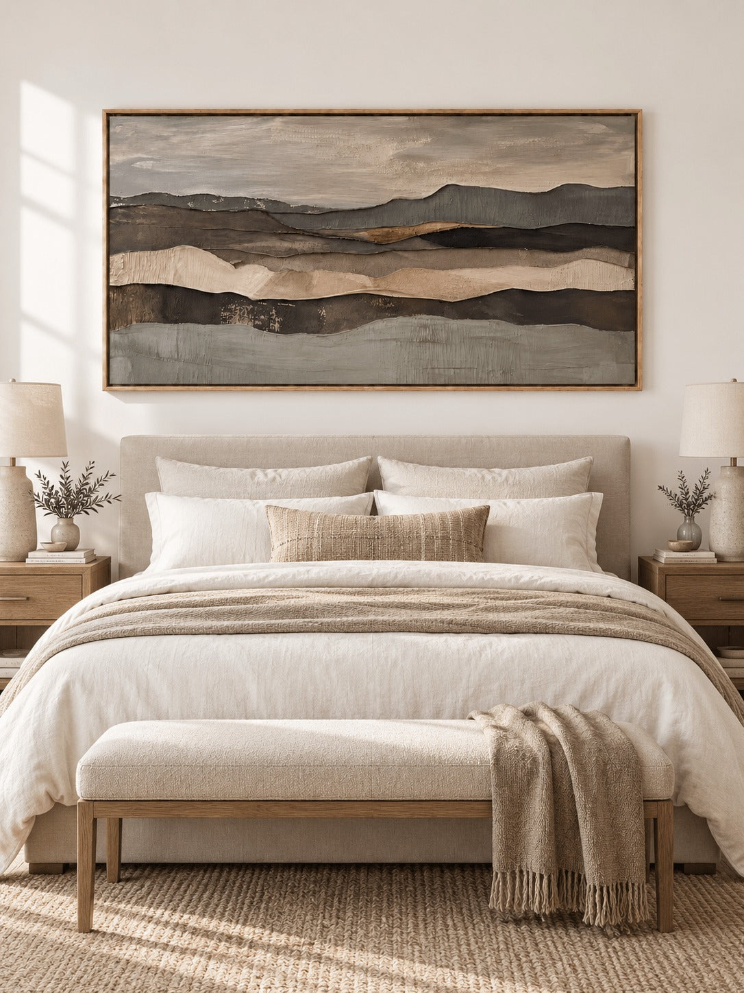 Layered earth tone ridges across a neutral horizon above a bed
