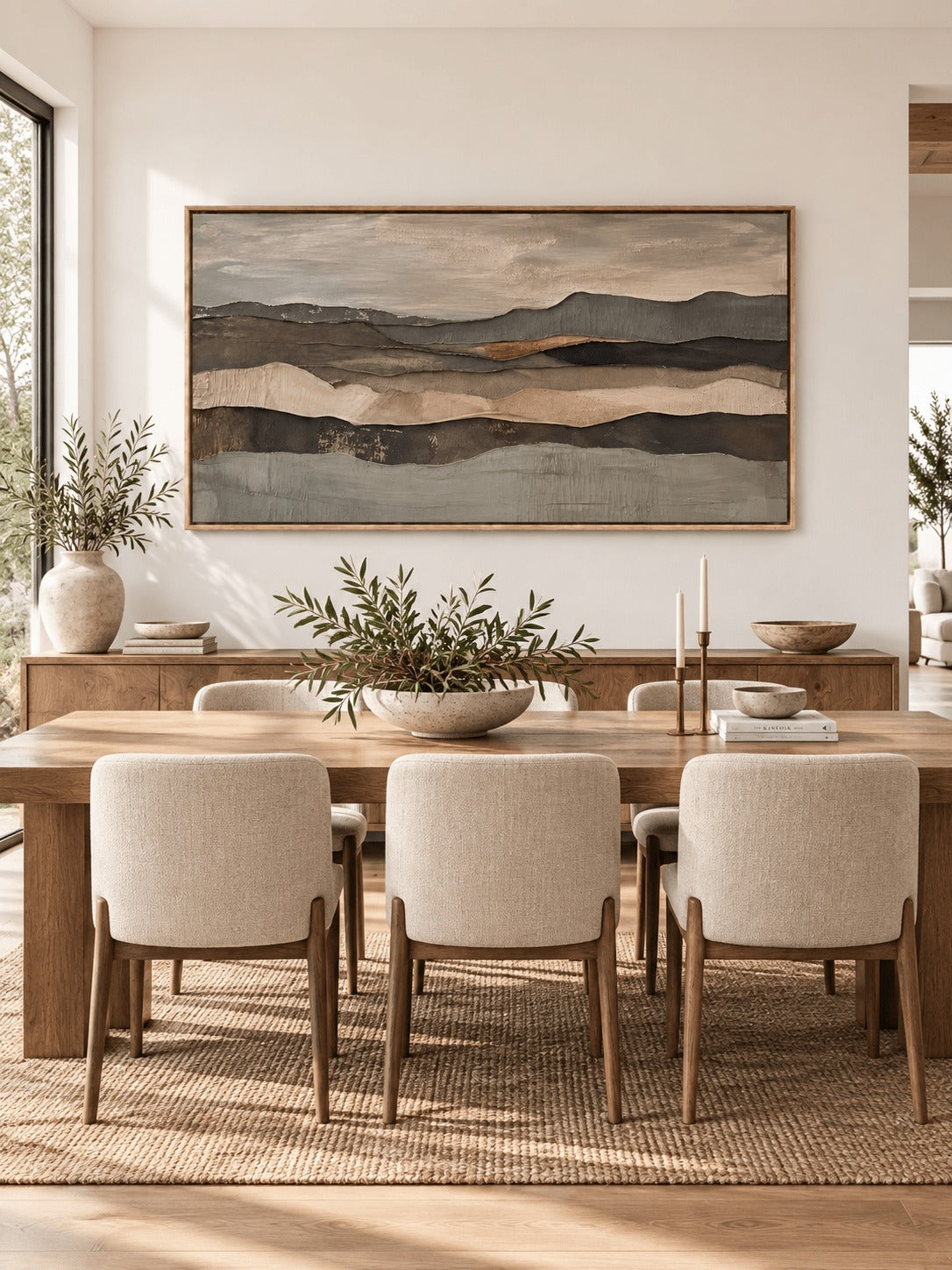 Layered earth tone ridges across a neutral horizon in a dining room