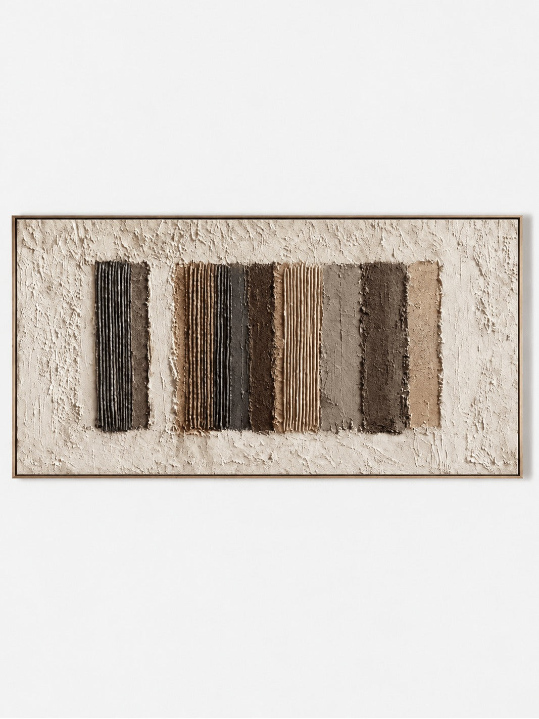 Vertical earth tone strips within a pale horizontal field in a full artwork view