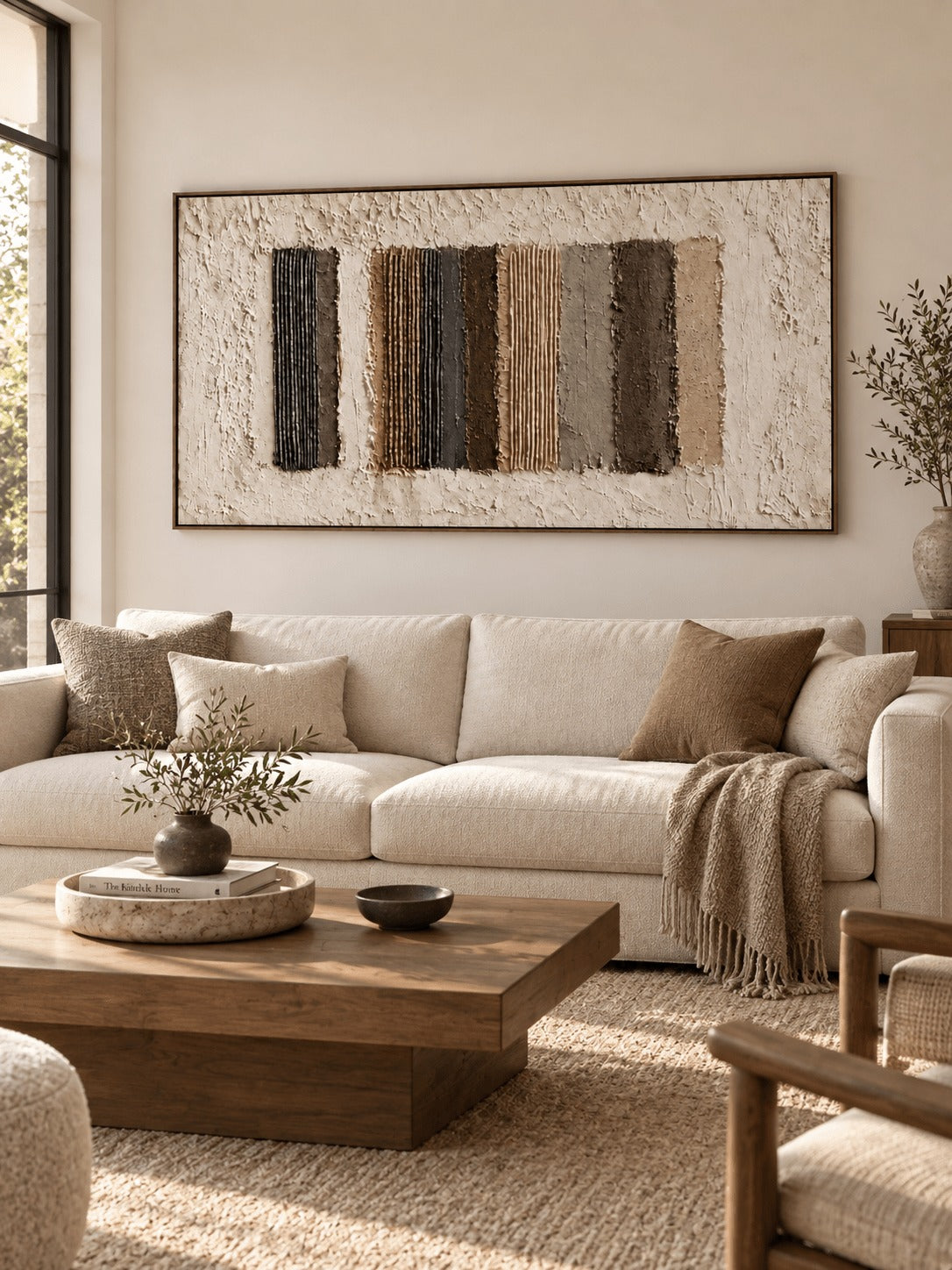 Vertical earth tone strips within a pale horizontal field above a pale sofa