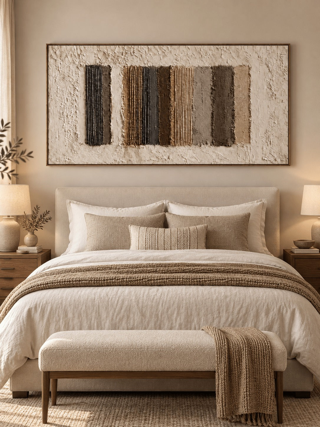 Vertical earth tone strips within a pale horizontal field above a bed