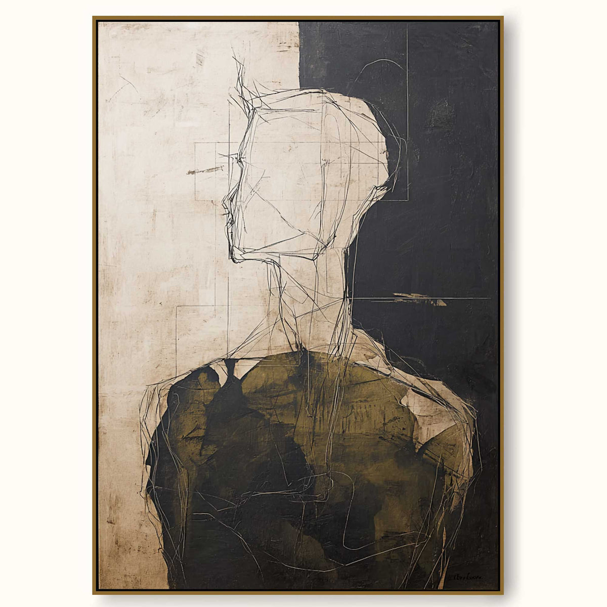 Faceless figure portrait in black, cream, brown — abstract wall art