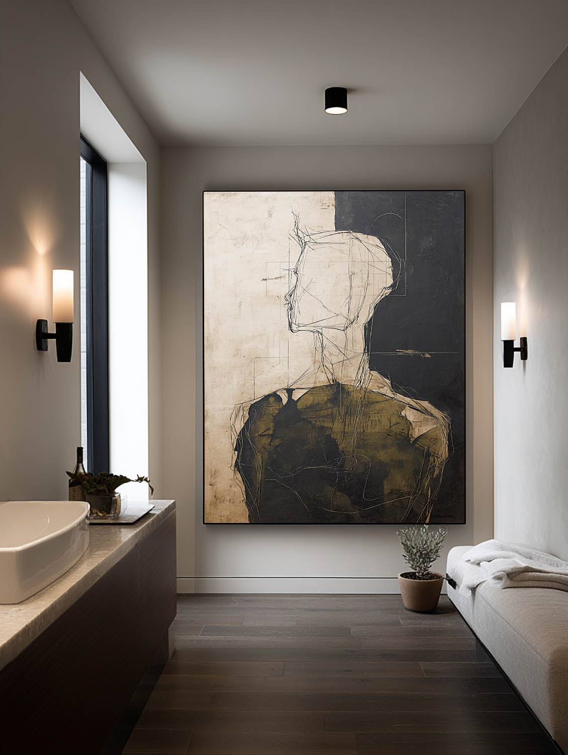 Faceless figure portrait in black, cream, brown — abstract wall art