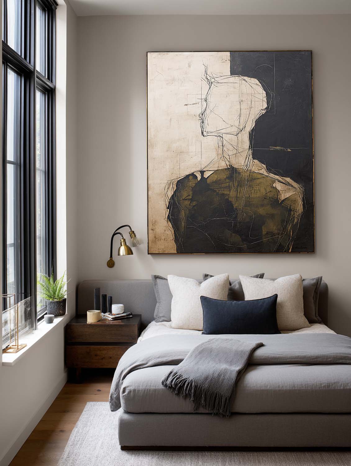 Faceless figure portrait in black, cream, brown — abstract wall art