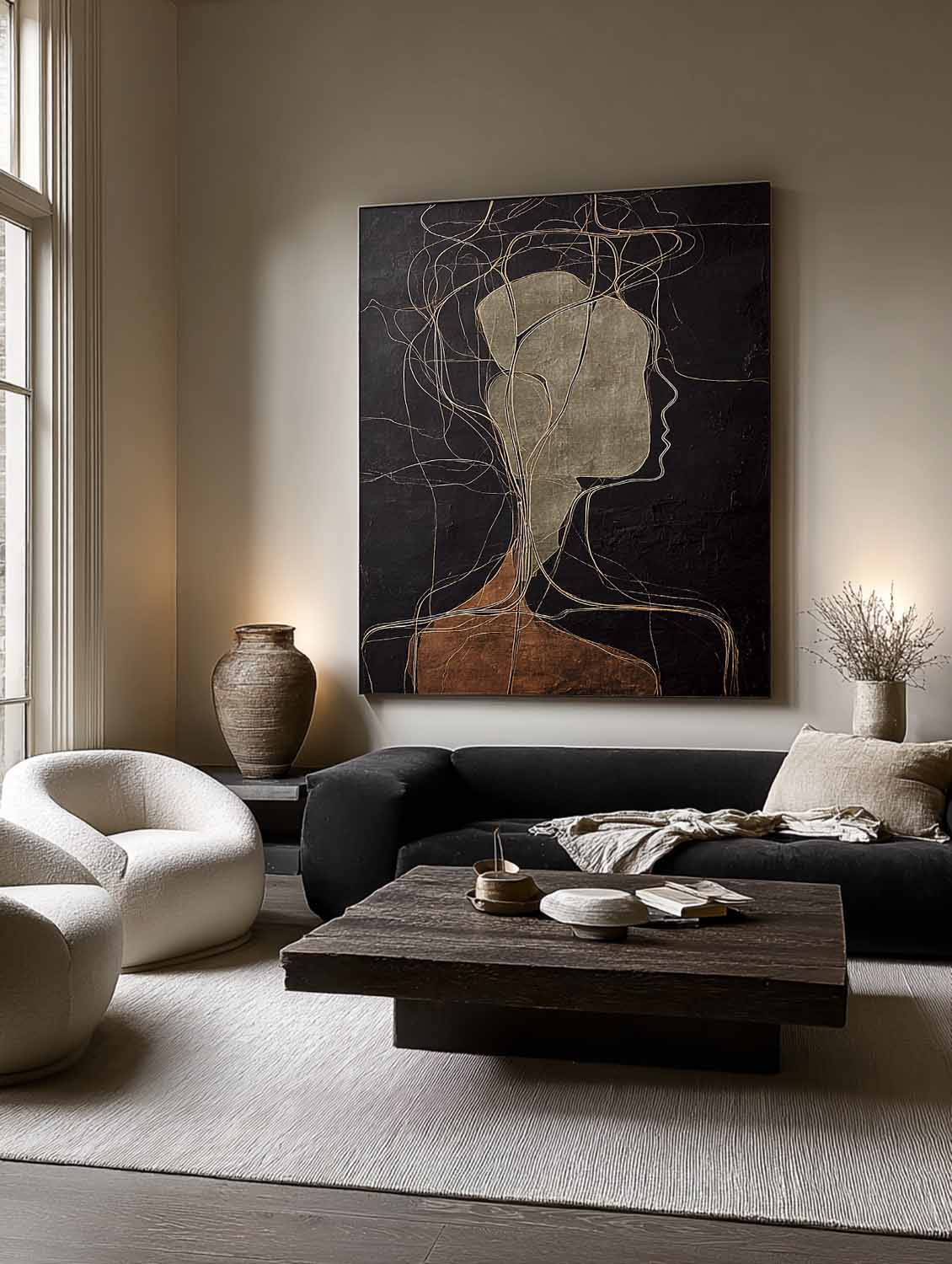 A pale abstract side profile with looping lines on black above a pale sofa