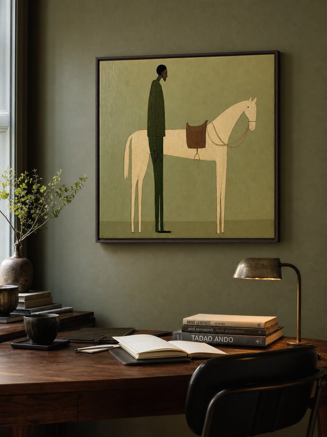 Man Beside a Cream Horse on Olive Oil Painting, above a wooden desk