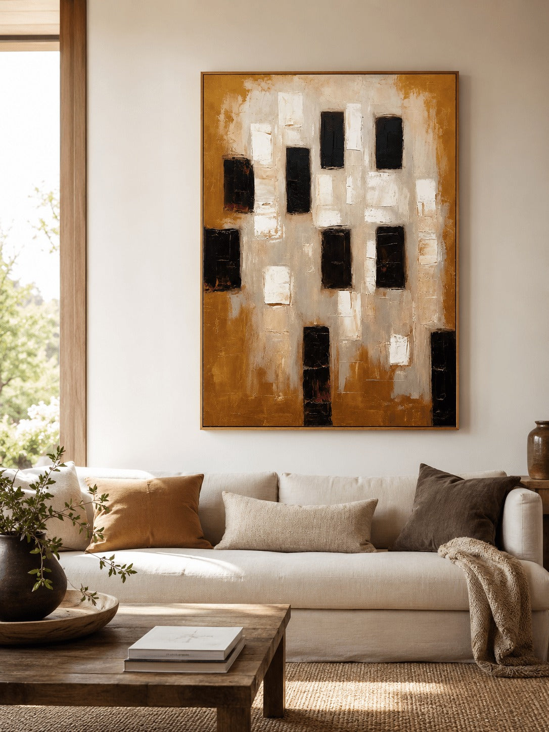 Black and white rectangles on an ochre ground above a pale sofa