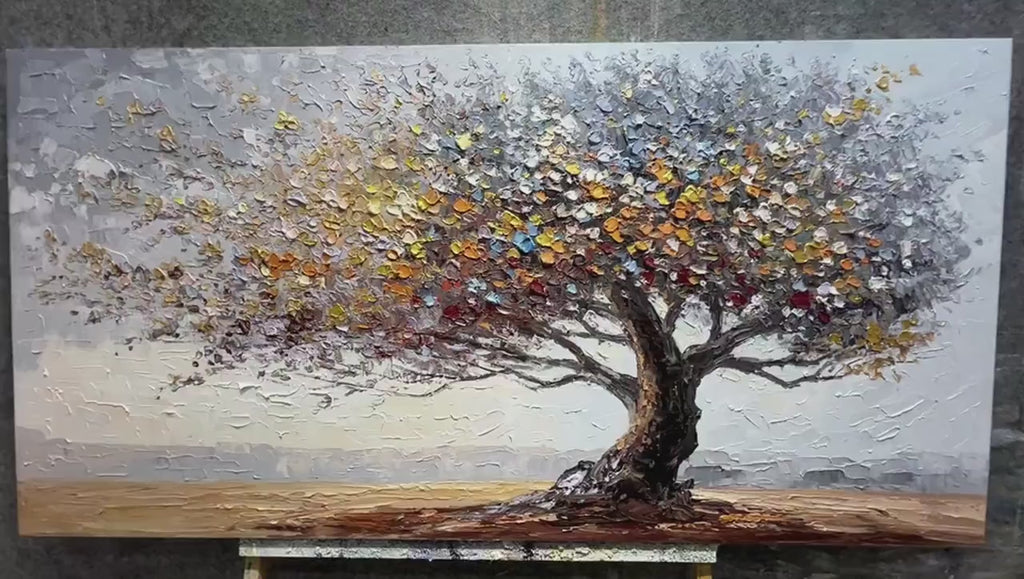 Neutral Tree of Life Oil Painting, 3D Textured Landscape Wall Art, Nature Canvas Art for Home Decor -SJ#0287