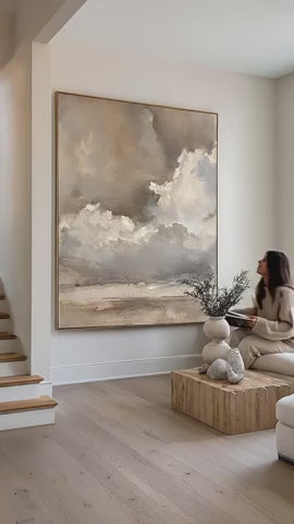 Vintage Beige And Brown Cloud Wall Art Cloudy Sky Oil Painting Vintage Neutral Cloud Painting-SJ#0208
