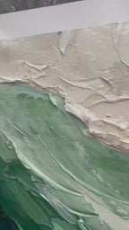 Large Textured Ocean Wave Painting, 3D Impasto Beach Painting on Canvas, Minimalist Green & Beige Wall Art, Coastal Wall Art for Living Room -SJ#0283