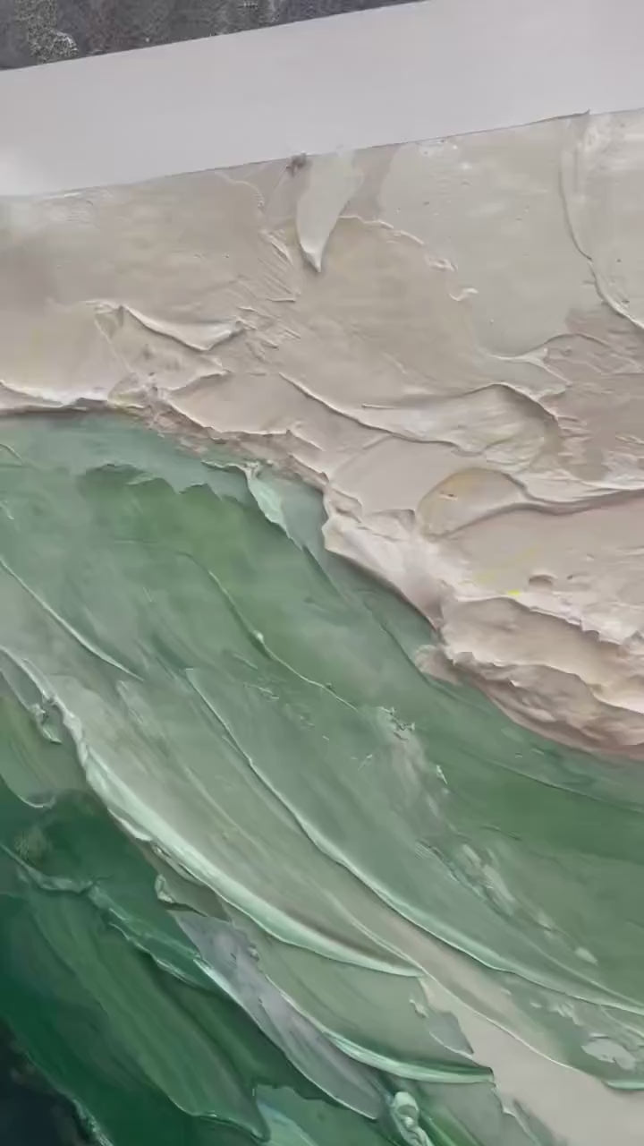 Large Textured Ocean Wave Painting, 3D Impasto Beach Painting on Canvas, Minimalist Green & Beige Wall Art, Coastal Wall Art for Living Room -SJ#0283
