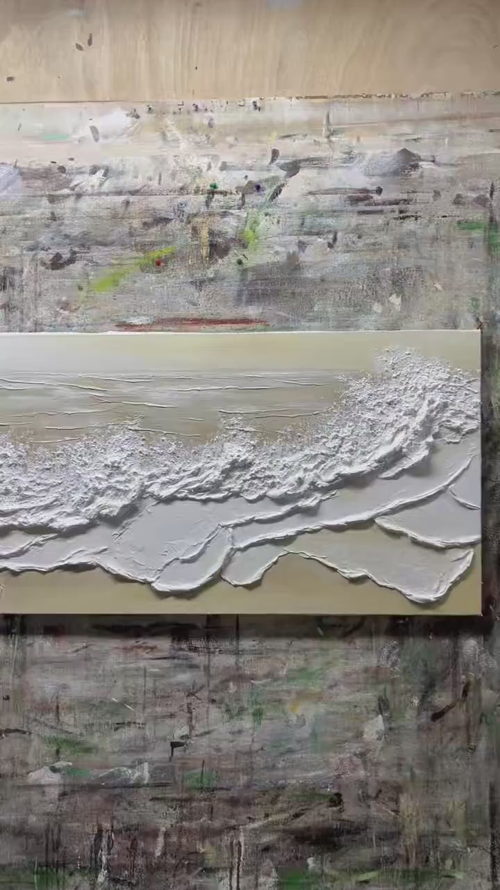 Textured Ocean Waves Painting_ 3D Beige Wabi-sabi Canvas Art -SJ#0286