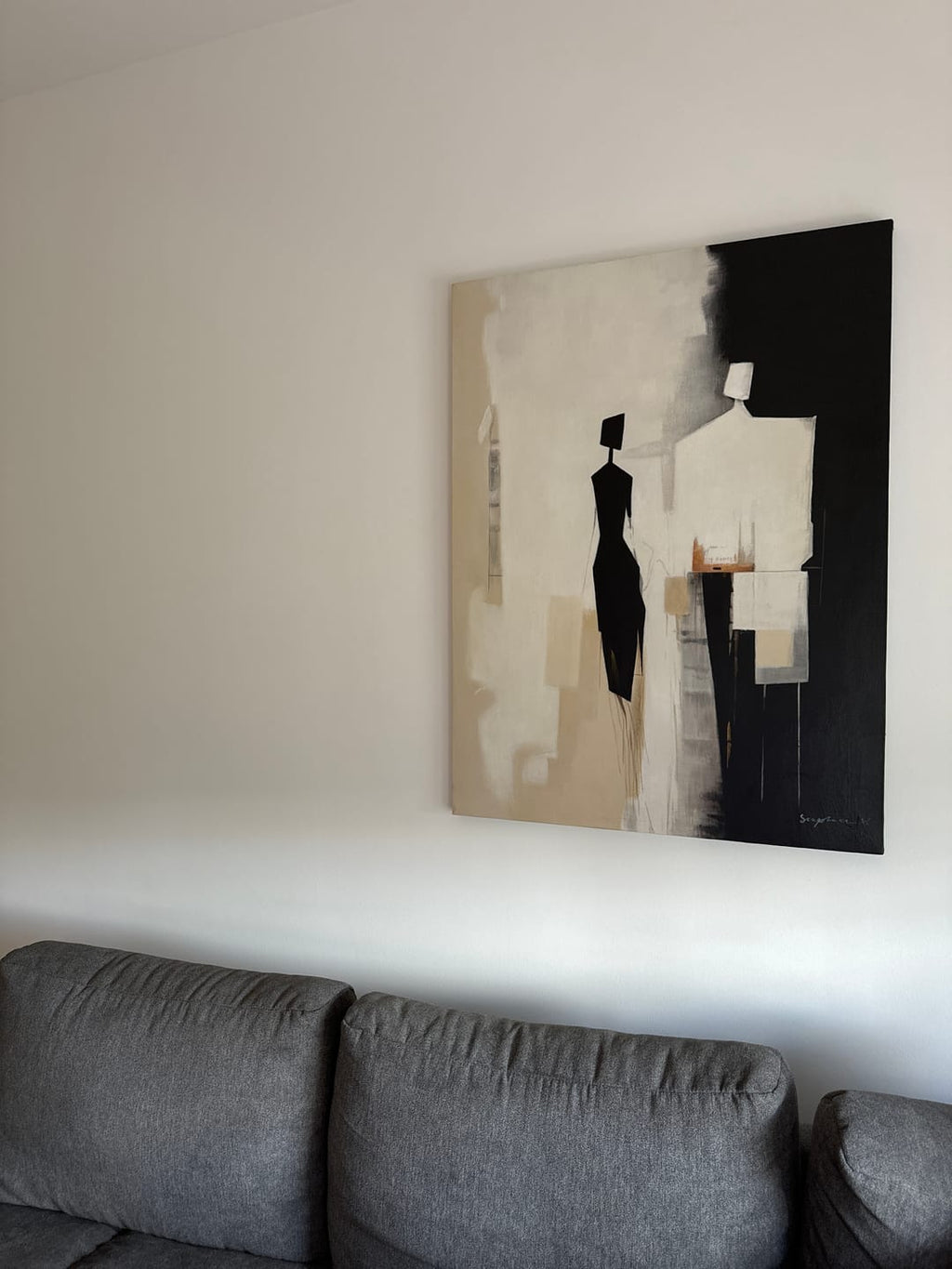 Beige Abstract Canvas Art Beige Minimalist Painting Black and-SJ#0333