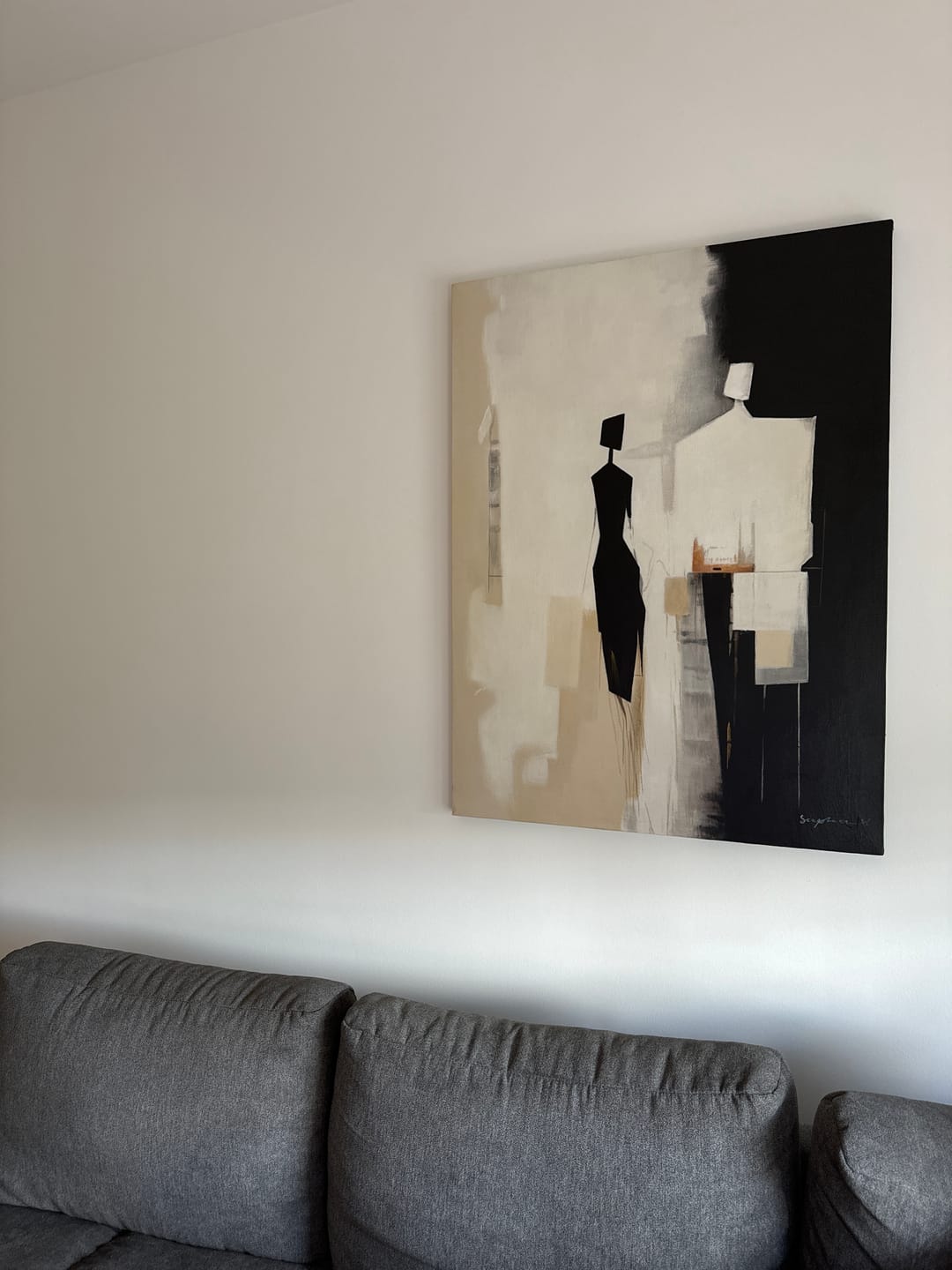 Beige Abstract Canvas Art Beige Minimalist Painting Black and-SJ#0333