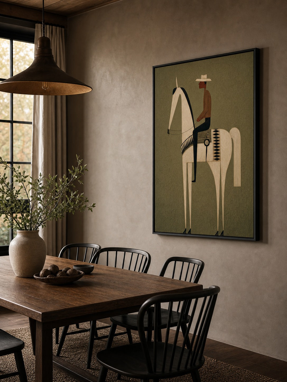 Vintage Minimalist Horse And Cowboy With Earthy Green Tones For Modern Home Decor hand-painted wall art (view 5) | Seegart