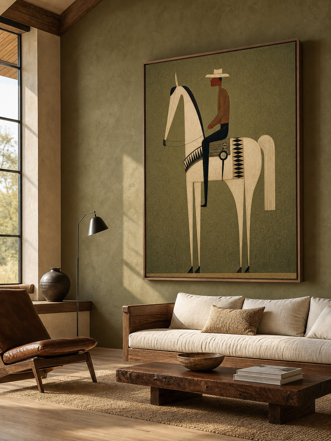 Vintage Minimalist Horse And Cowboy With Earthy Green Tones For Modern Home Decor hand-painted wall art (view 3) | Seegart