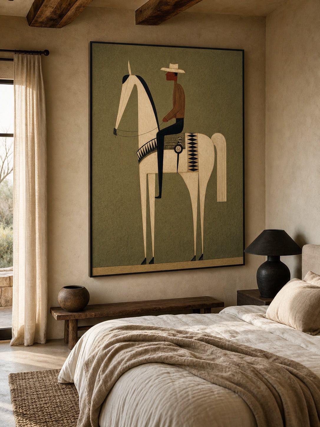 Vintage Minimalist Horse And Cowboy With Earthy Green Tones For Modern Home Decor hand-painted wall art (view 4) | Seegart