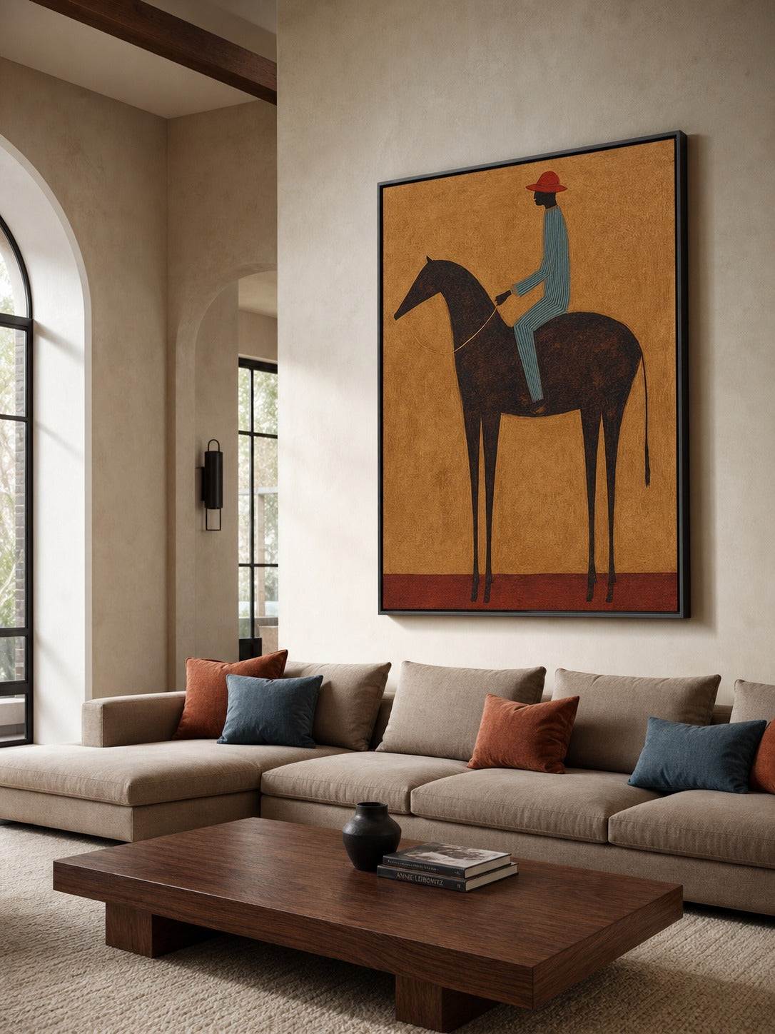 Stylized rider wall art in a warm living room