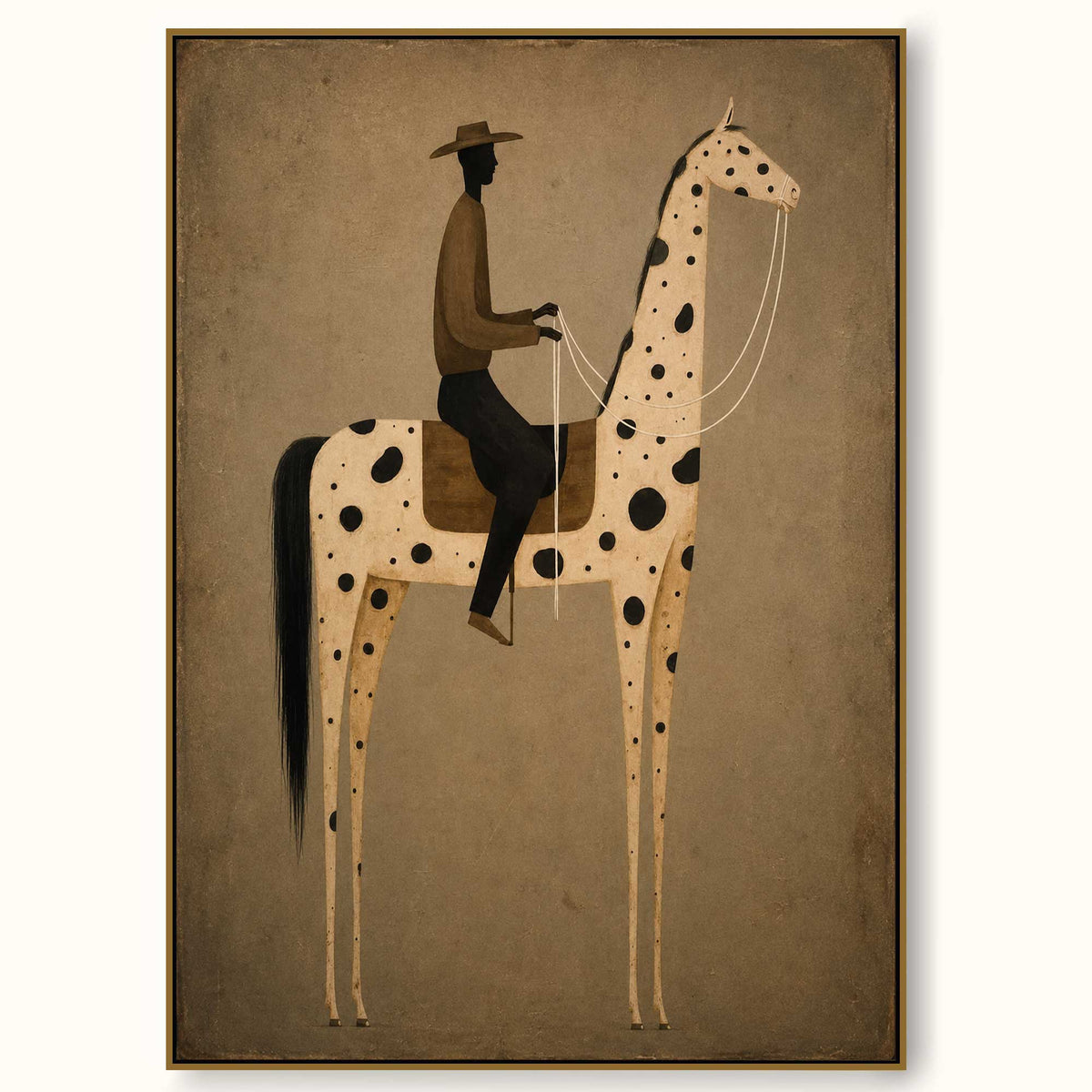 Spotted horse and rider in tan, cream, brown, black — equestrian wall art