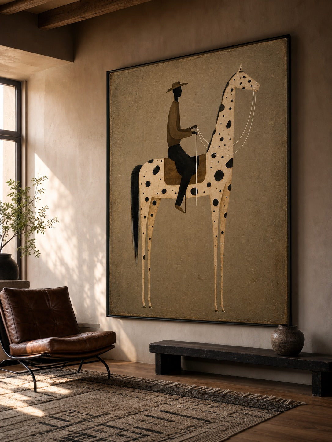Spotted horse and rider in tan, cream, brown, black — equestrian wall art