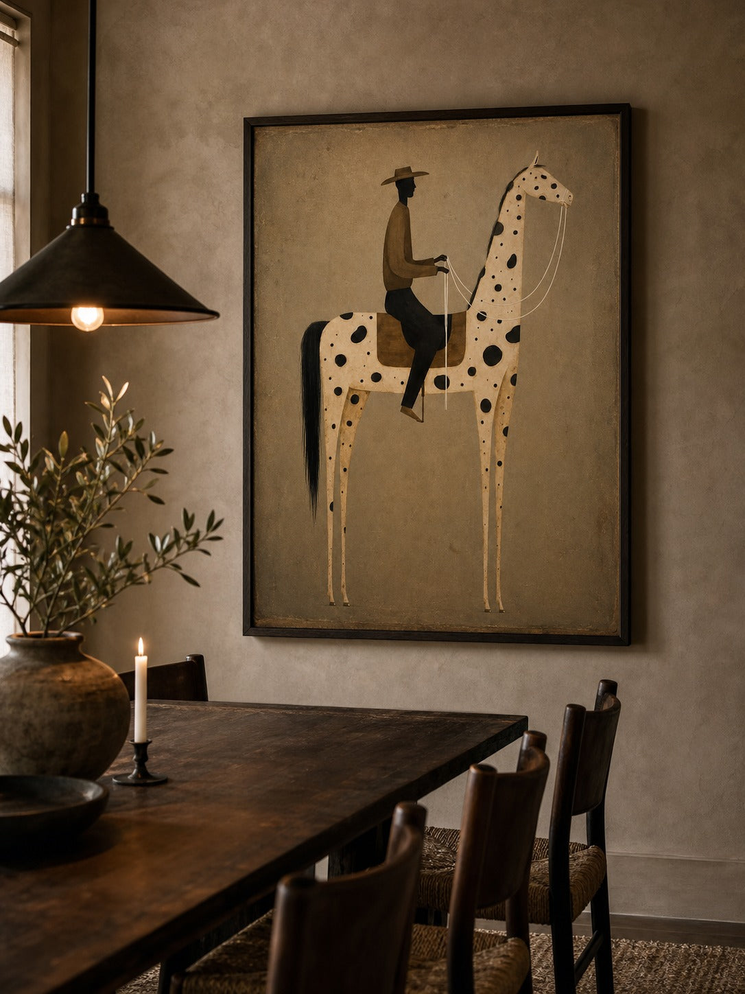 Spotted horse and rider in tan, cream, brown, black — equestrian wall art