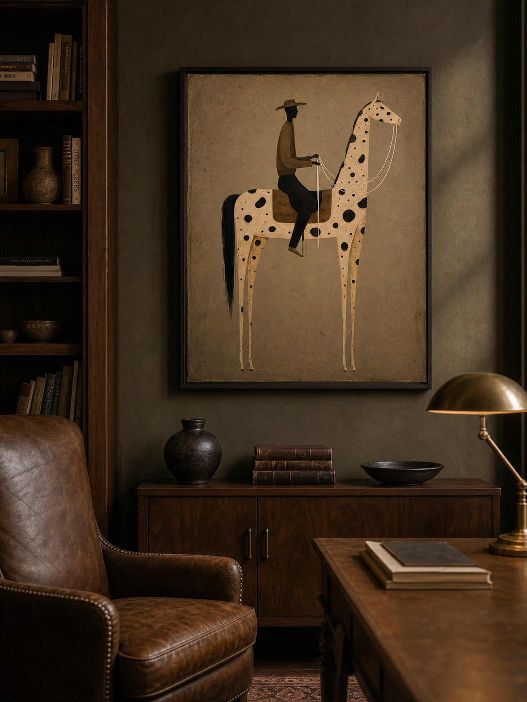 Spotted horse and rider in tan, cream, brown, black — equestrian wall art