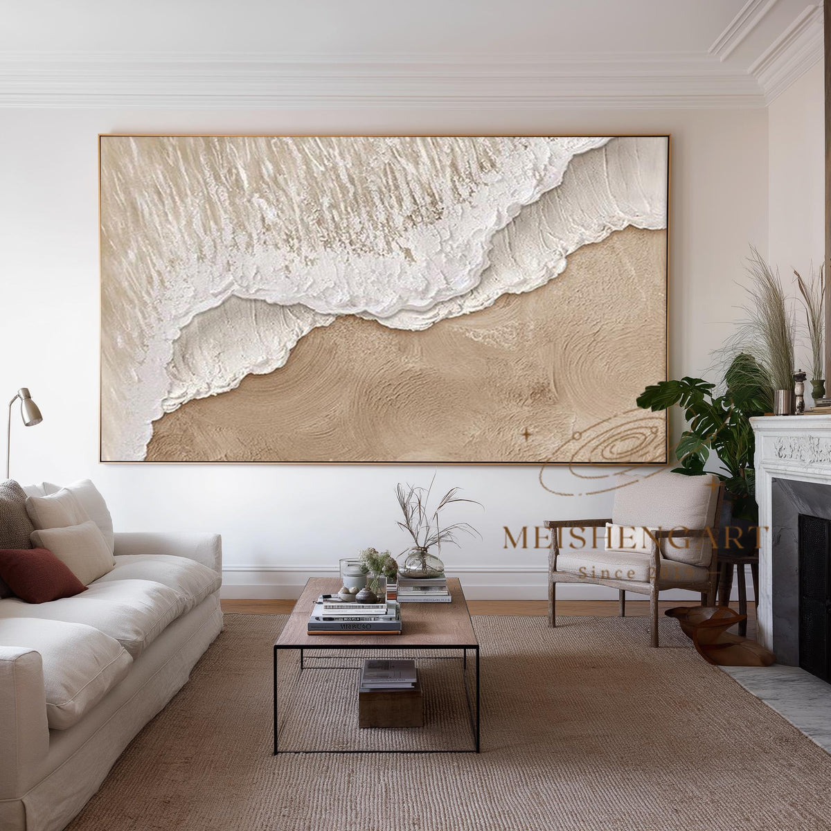 A broad white foamy shoreline over beige in a neutral sitting area