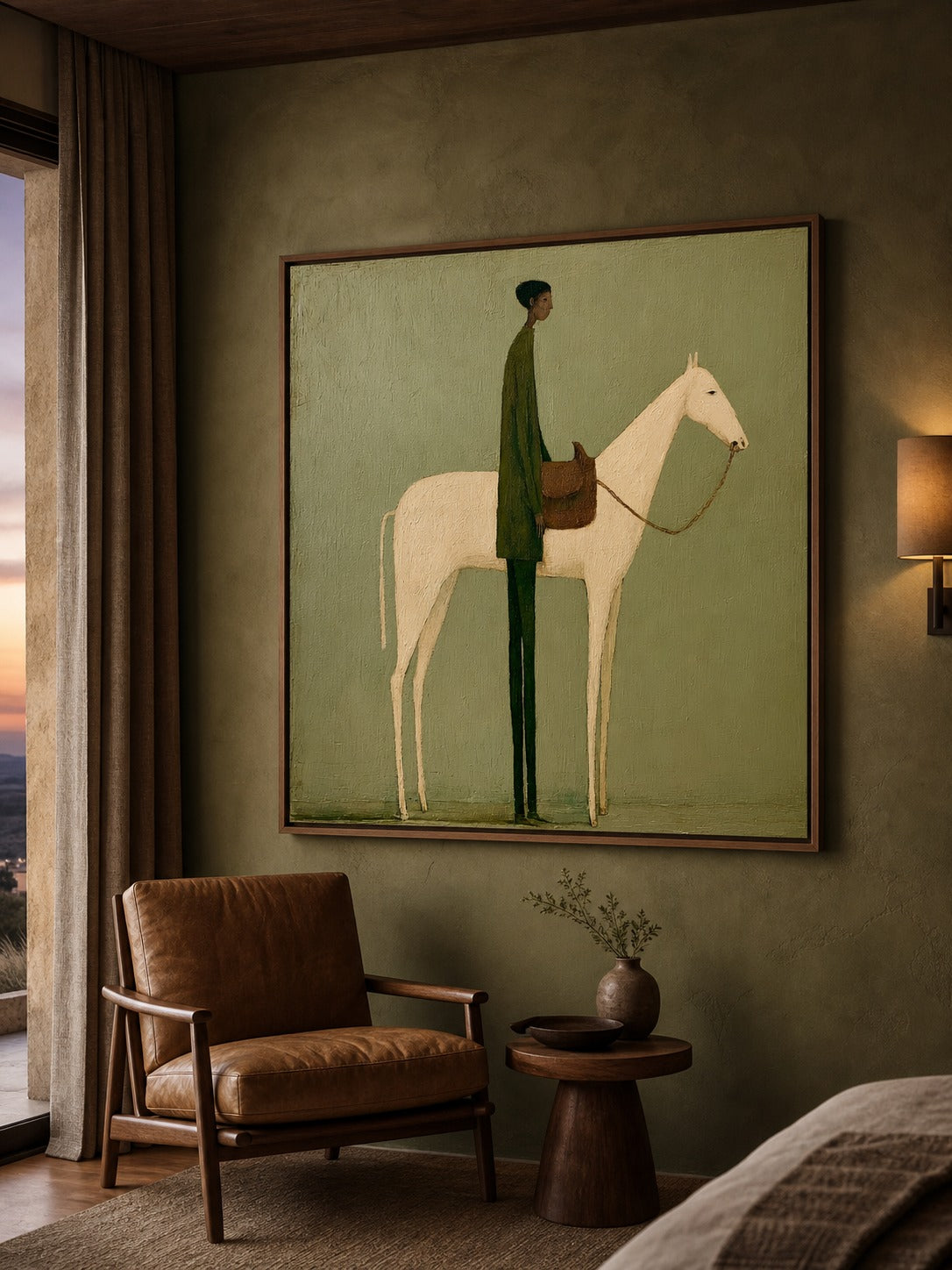 White Horse and Green-Clad Figure Oil Painting, above a leather chair